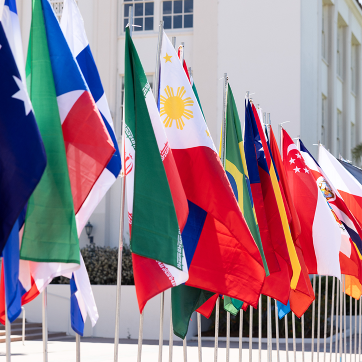 10-15 flags of various countries in stanchions in front of a white, stucco wall.